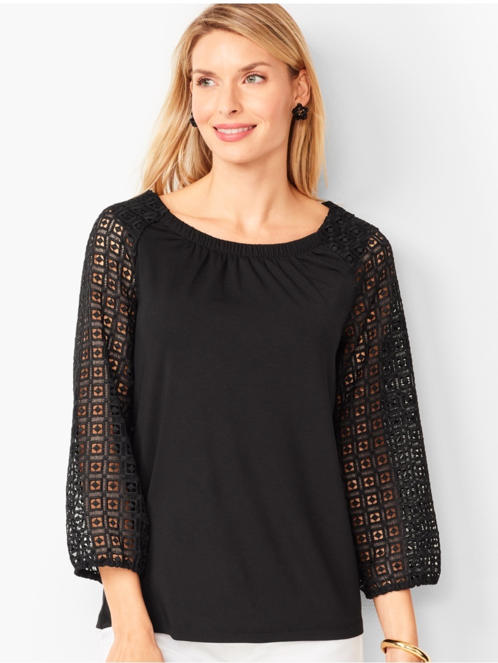Talbots Black Ponte Top/Lace Sleeves, Size Small
